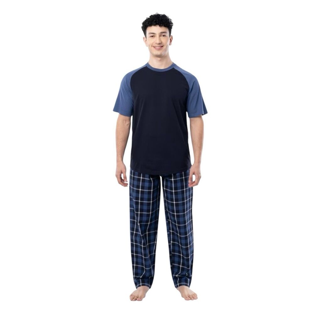 Fruit of the Loom Men's Raglan Short Sleeve T-shirt Plaid Pajama Sleep Pant Set